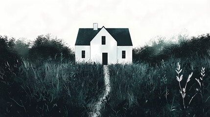 A solitary white house surrounded by overgrown vegetation, evoking a sense of nostalgia and abandonment. Sylvan. Illustration