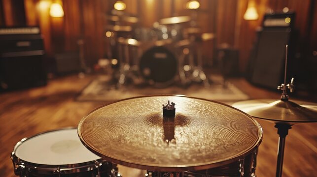 Drum set in a recording studio, shiny cymbals and snare, soft ambient lighting, instruments ready for a jam session