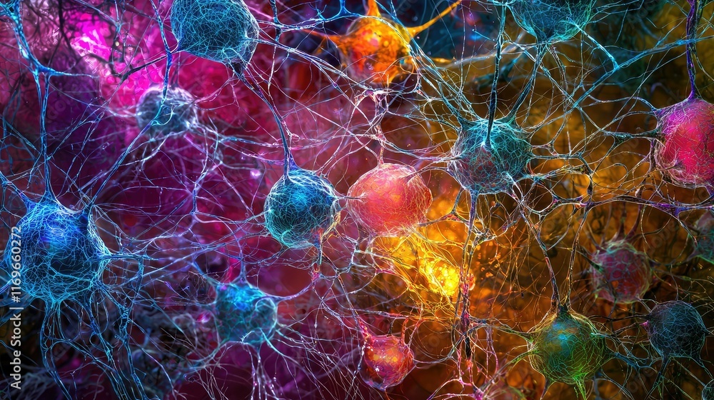 Poster vibrant abstract neural network representation with colorful nodes