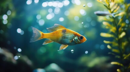 Fototapeta premium Fish swimming in an aquarium, vibrant colors of the fish and plants, bubbles rising, peaceful underwater scene