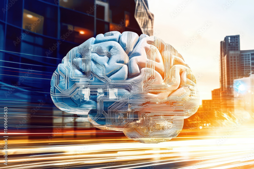 Poster innovative brain with circuit patterns, symbolizing technology and intelligence