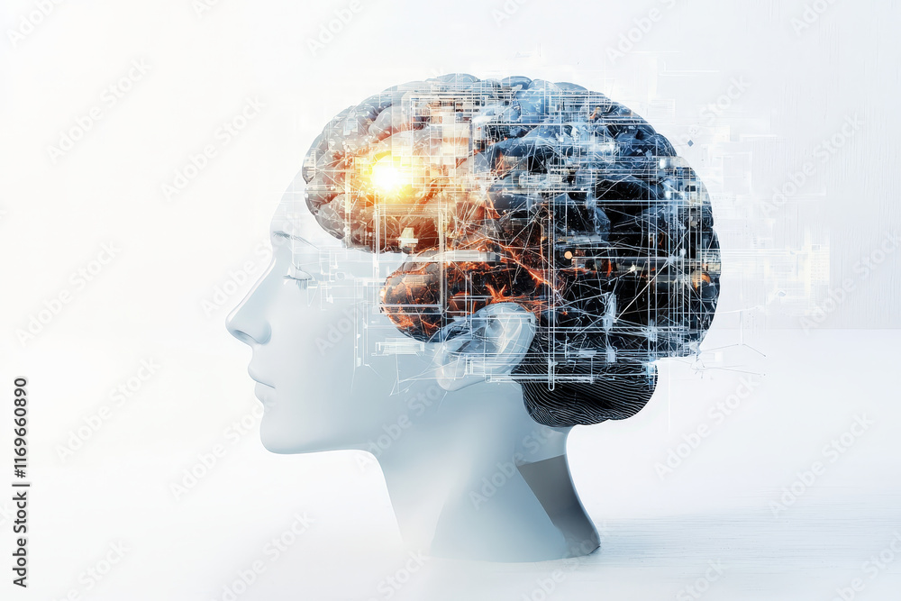 Poster abstract representation of human brain with digital elements, symbolizing technology and innovation 