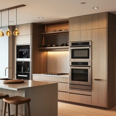 Fototapeta premium Modern kitchen with built-in appliances, wood cabinets, and island.