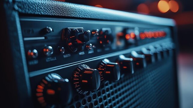 Guitar amplifier with volume knobs turned up, ready for a rock performance, sleek and modern design, electric energy