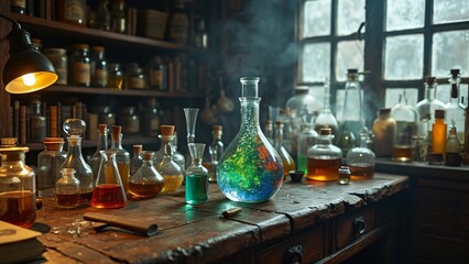 Mystic Alchemist Laboratory- Colorful Potion Brewing Scene