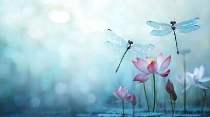   Three dragonflies flying over water lilies in front of a blue-green boke background