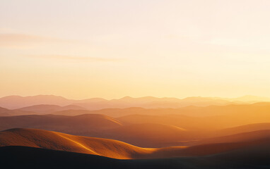 Fototapeta premium Sunset over a desert landscape with golden sand dunes glowing in warm light, a clear sky with soft gradient colors, sharp and detailed, capturing nature's beauty.