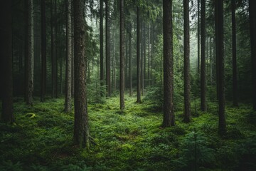 Obraz premium Misty forest, tall trees, green undergrowth.