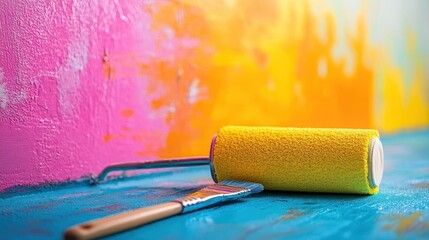 Obraz premium Paint roller and brush resting on a tray, ready for a painting project, bright splashes of color on the wall behind, home renovation scene
