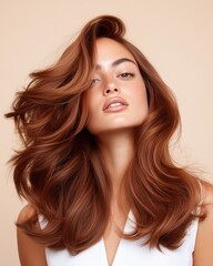 Fototapeta premium A beautiful woman with shiny, wavy, brown hair