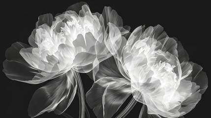   A monochromatic image of two pure white blossoms nestled in a glass container filled with clear liquid, set against a dark backdrop