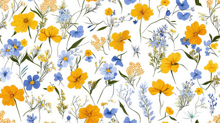 Bright floral pattern featuring yellow and blue flowers on white background, creating cheerful and vibrant atmosphere