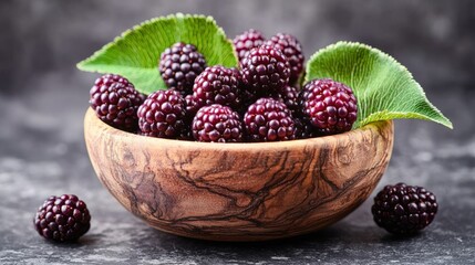 Fresh Blackberries in Rustic Wooden Bowl