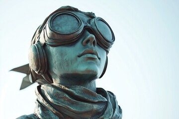 Bronze statue of a female aviator wearing goggles and a scarf, symbolizing adventure and bravery.