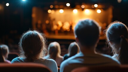 Audience Enjoying Live Performance at a Theater Show with Bright Stage Lights and Focused Attention on Talented Performers in Background