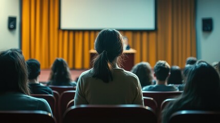 Audience Attending Presentation in Theater Setting with Bright Curtain