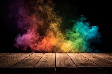Dark Background with Vibrant Smoke. Includes Colorful Billows and Wooden Table. : Perfect for Dramatic Visuals, Product Displays, and Creative Projects.