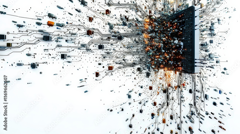 Poster abstract digital explosion with circuits and glowing elements, showcasing technology dynamic nature