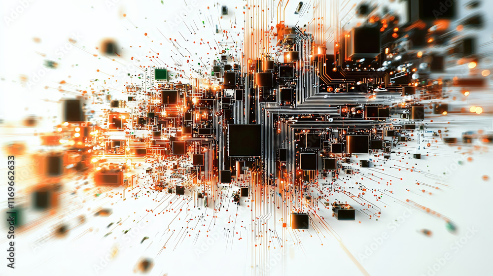 Aufkleber digital explosion of circuit boards and microchips with glowing elements