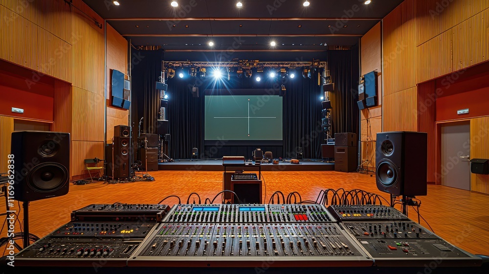 Poster professional sound mixing console in empty auditorium setting