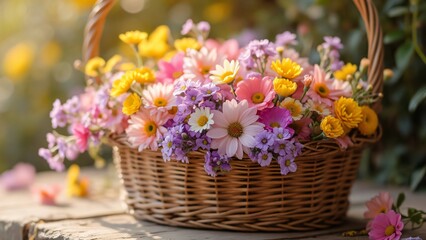 Obraz premium Vibrant Spring Flowers in Wicker Basket Garden