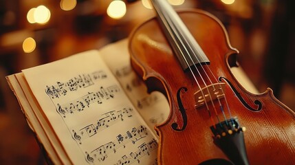 Fototapeta premium Violin with bow resting on sheet music, classical instrument in focus, warm and elegant setting, soft lighting