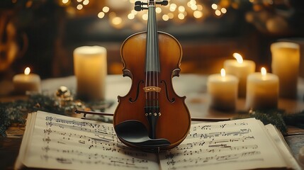 Fototapeta premium Violin with bow resting on sheet music, classical instrument in focus, warm and elegant setting, soft lighting