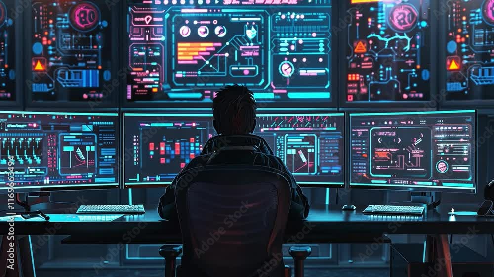 Aufkleber A person sits in a high-tech control room, surrounded by multiple screens showcasing vibrant data analytics and monitoring dashboards.