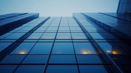Obraz premium Tall glass buildings stretch towards the sky as they capture the soft hues of early morning light. The clear reflections and clean lines create a contemporary urban atmosphere