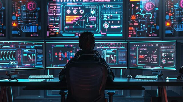 A person sits in a high-tech control room, surrounded by multiple screens showcasing vibrant data analytics and monitoring dashboards.