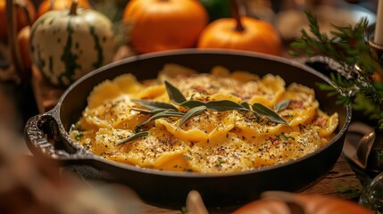Savory Homemade Lasagna in Cast Iron Pan Surrounded by Fall Decor