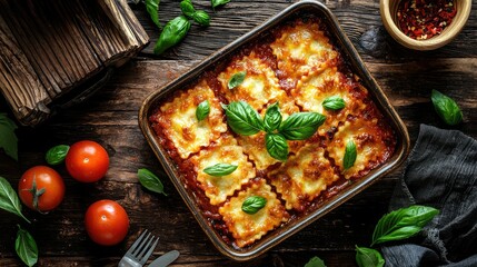 Freshly Baked Ravioli with Tomato Sauce and Basil on Rustic Table