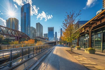 Obraz premium A city street with a bridge and a sidewalk