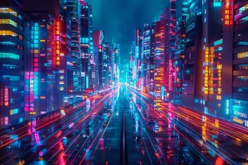 Fototapeta premium The cityscape transforms at night, as neon lights cast a vibrant glow, illuminating the urban landscape and creating a mesmerizing spectacle