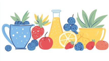 Colorful Display of Fresh Fruits and Juices
