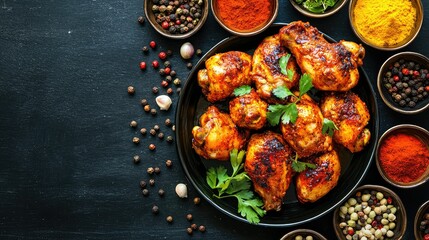 Grilled Chicken Drumsticks with Spices and Fresh Herbs on Table