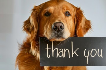 A dog is holding a sign that says "Thank You"