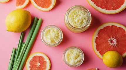 lemongrass, grapefruit slices, and jars of body scrub, representing uplifting spa care
