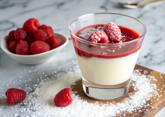 glass with a creamy substance topped with a raspberry sauce, sprinkled with powdered sugar. A bowl of fresh raspberries is placed beside it.