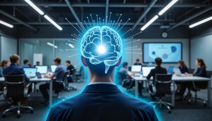 Futuristic brainstorming in modern office with glowing brain concept