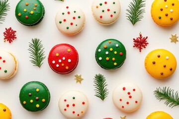 Brightly colored macaroons in holiday themes complement seasonal decorations for festive gatherings