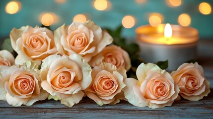 Obraz premium Soft Peach Roses with Candlelight Ambiance