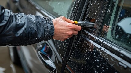 Hand Using Tool to Unlock Car Door in Rainy Weather Scene