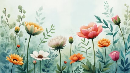 Fototapeta premium Vibrant Watercolor Floral Garden Botanical Illustration