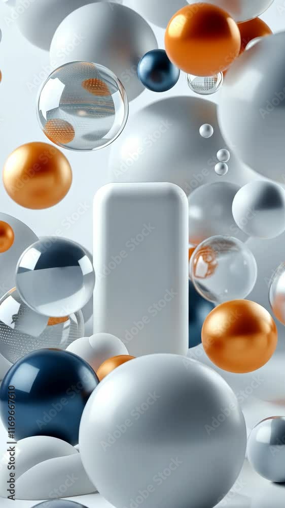 Poster A dynamic arrangement of colorful spheres and clear orbs surrounds a solid white object, creating an engaging visual effect