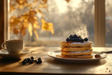 A stack of fluffy, buttery pancakes topped with fresh sweet berries and golden syrup, accompanied by a cup of coffee on a charming rustic table