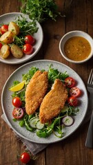 Golden Fried Fish Fillets with Vibrant Salad and Crispy Potatoes