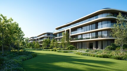 Modern luxury apartment buildings with lush greenery in sunny setting