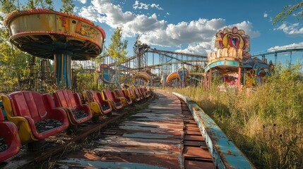 Abandoned Amusement Park with Overgrown Rides and Cloudy Sky