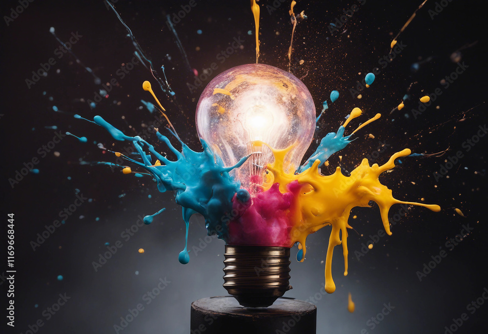 Poster creative light bulb explodes with colorful paint and splashes on a black background think differentl